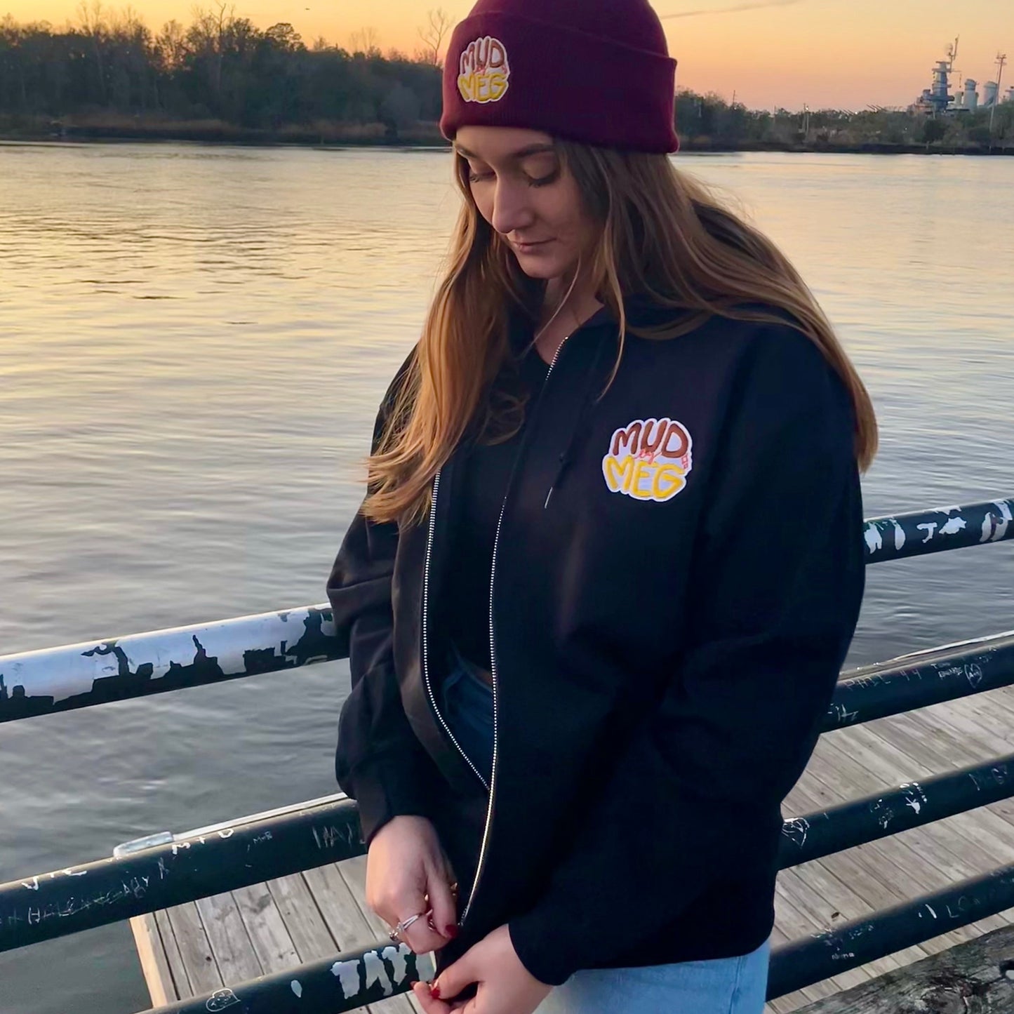 Zip Up Hoodie - Embroidered - Black - L